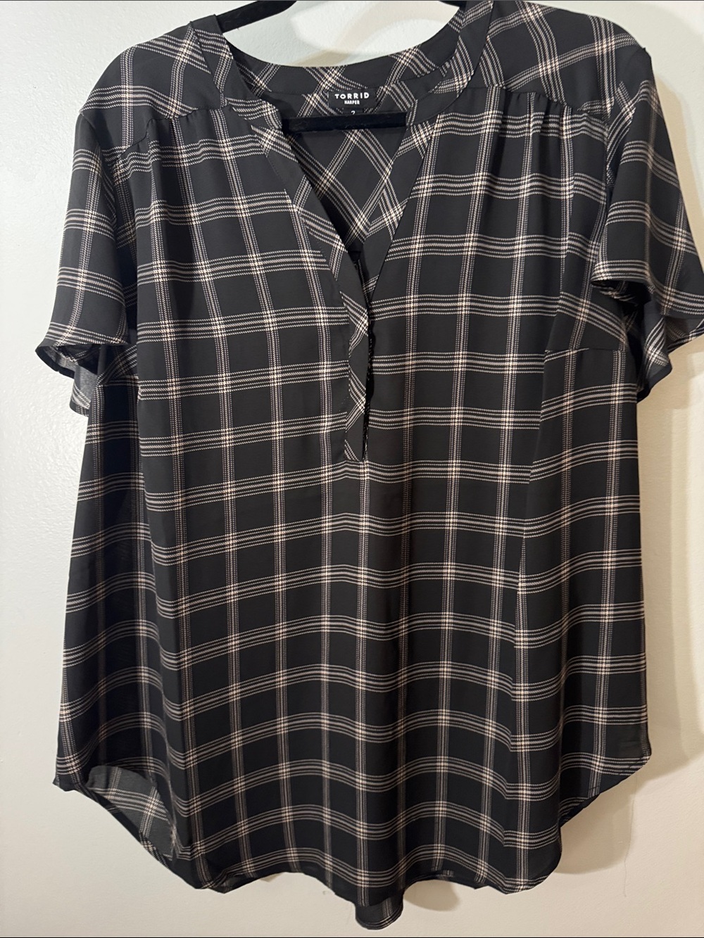 torrid Black Plaid V-Neck Short Sleeve Blouse